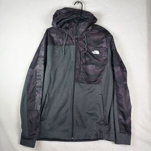 The North Face Mens Large Full Zip Hooded Fleece Jacket Gray Black Camo Logo
